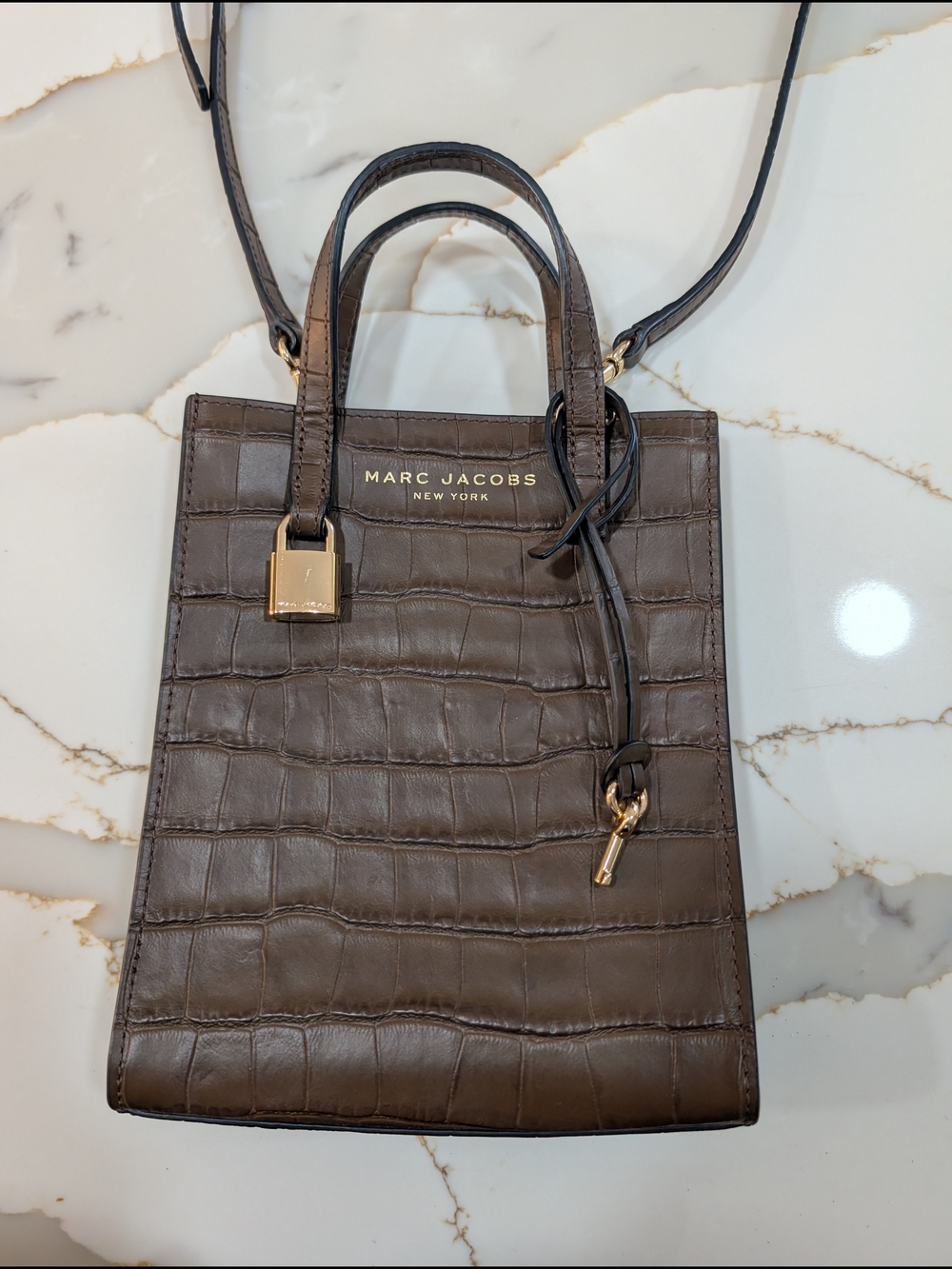 Marc Jacobs Brown Croc-Embossed Mini Tote with Gold Hardware
